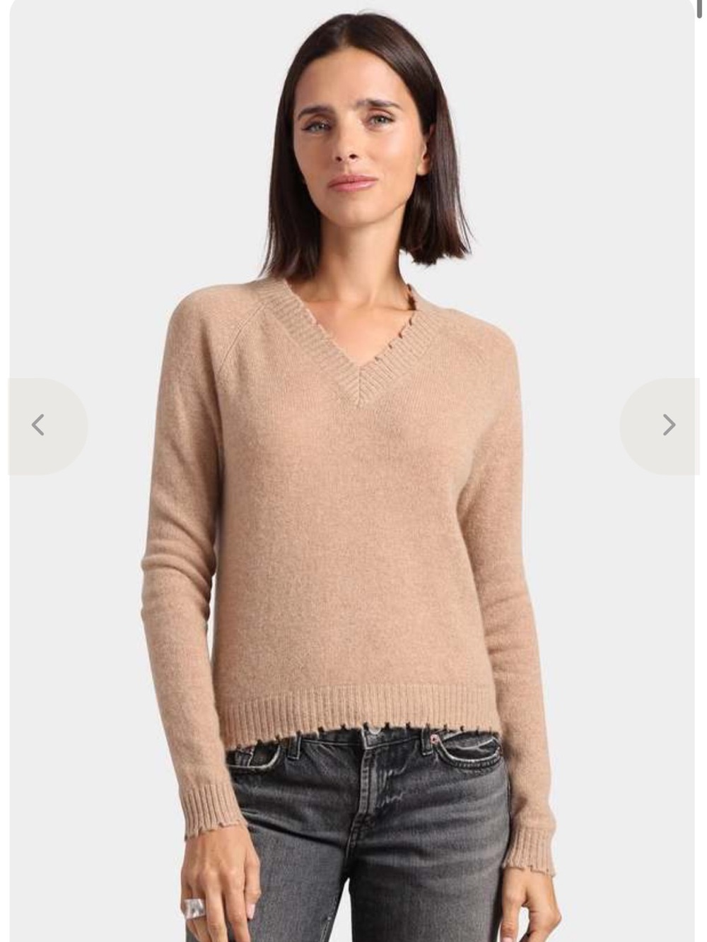 Minnie Rose V-Neck Distressed Hem Women's Sweater in Beige NWT XS